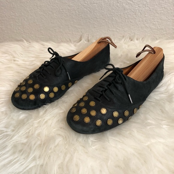 MBMJ Suede Black Laceup Logo Button Flats 37 - Picture 3 of 8